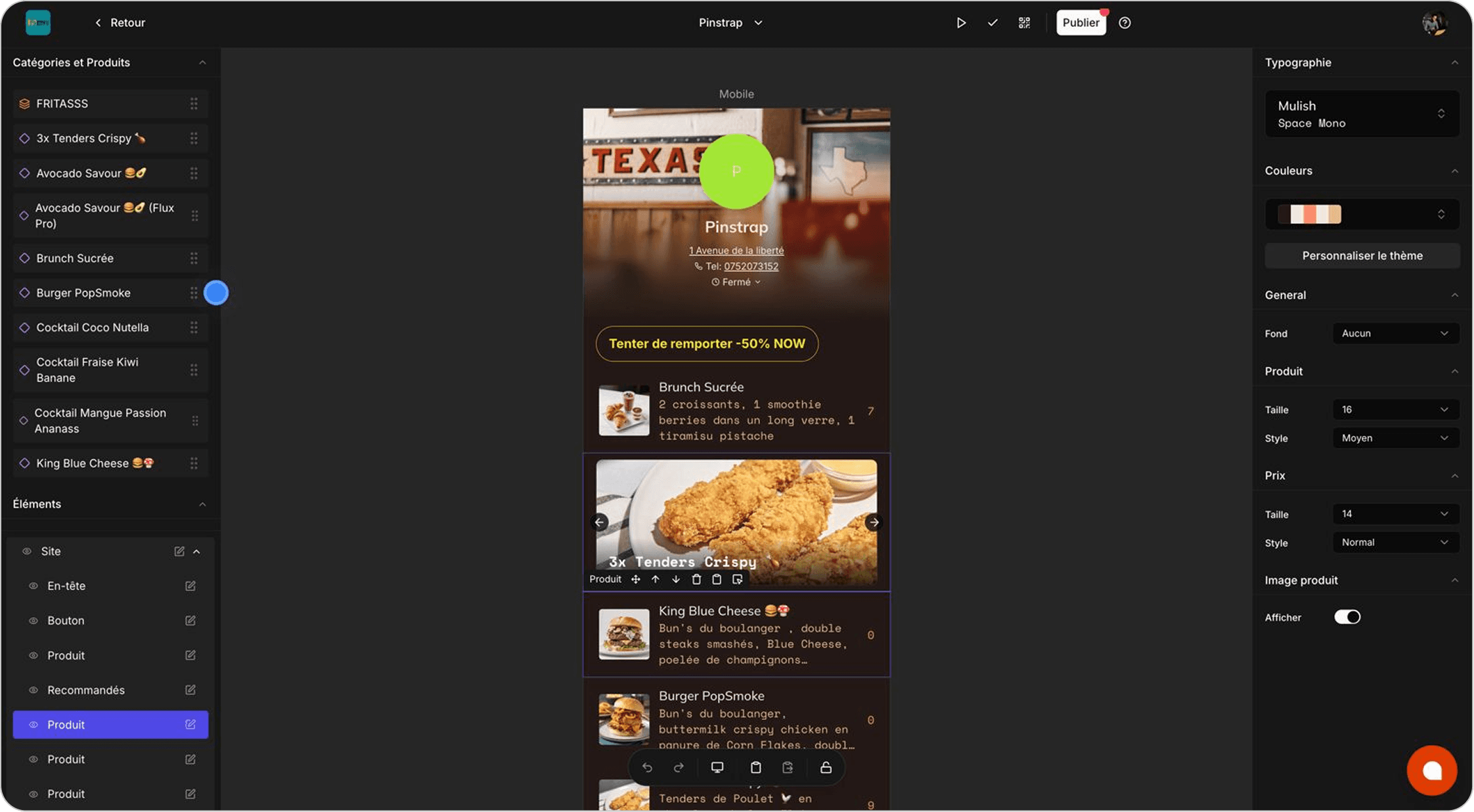 Image de l'éditeur de menus sur le web