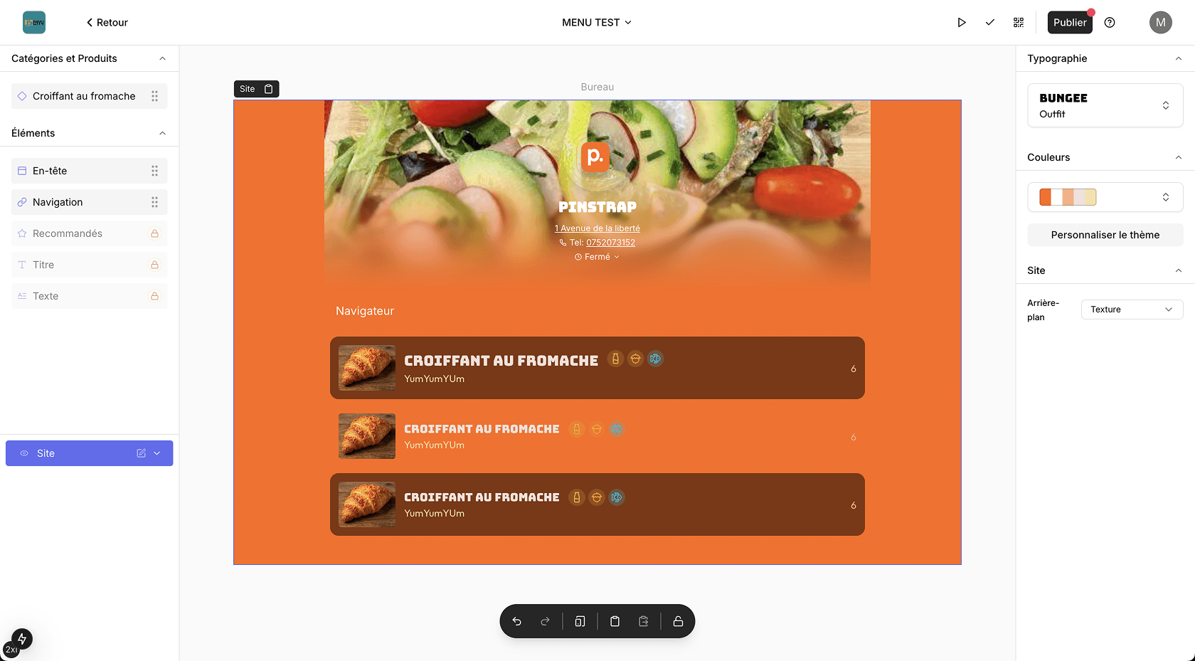 Image de l'éditeur de menus sur le web