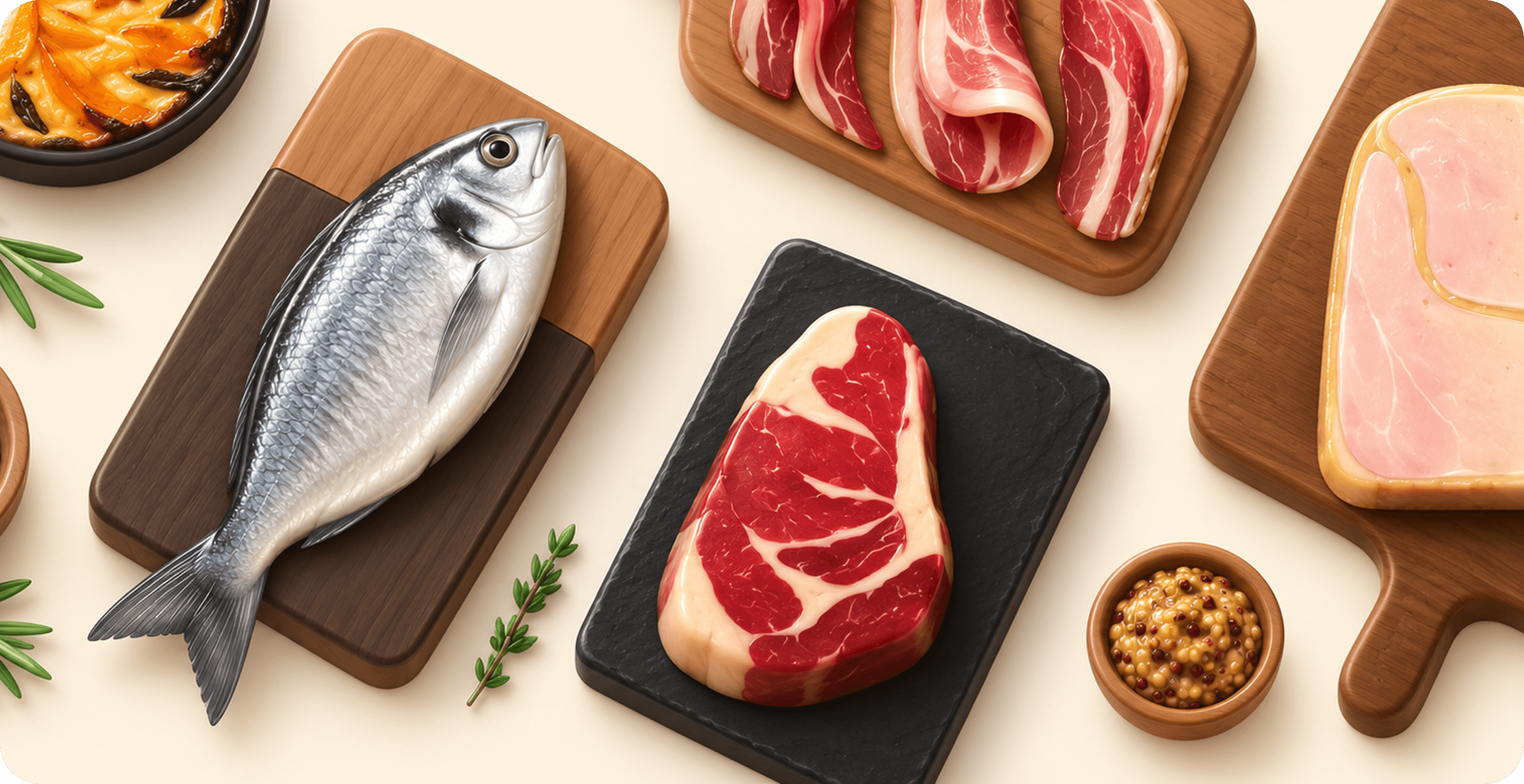 Poisson frais et pièces de viande sur des planches