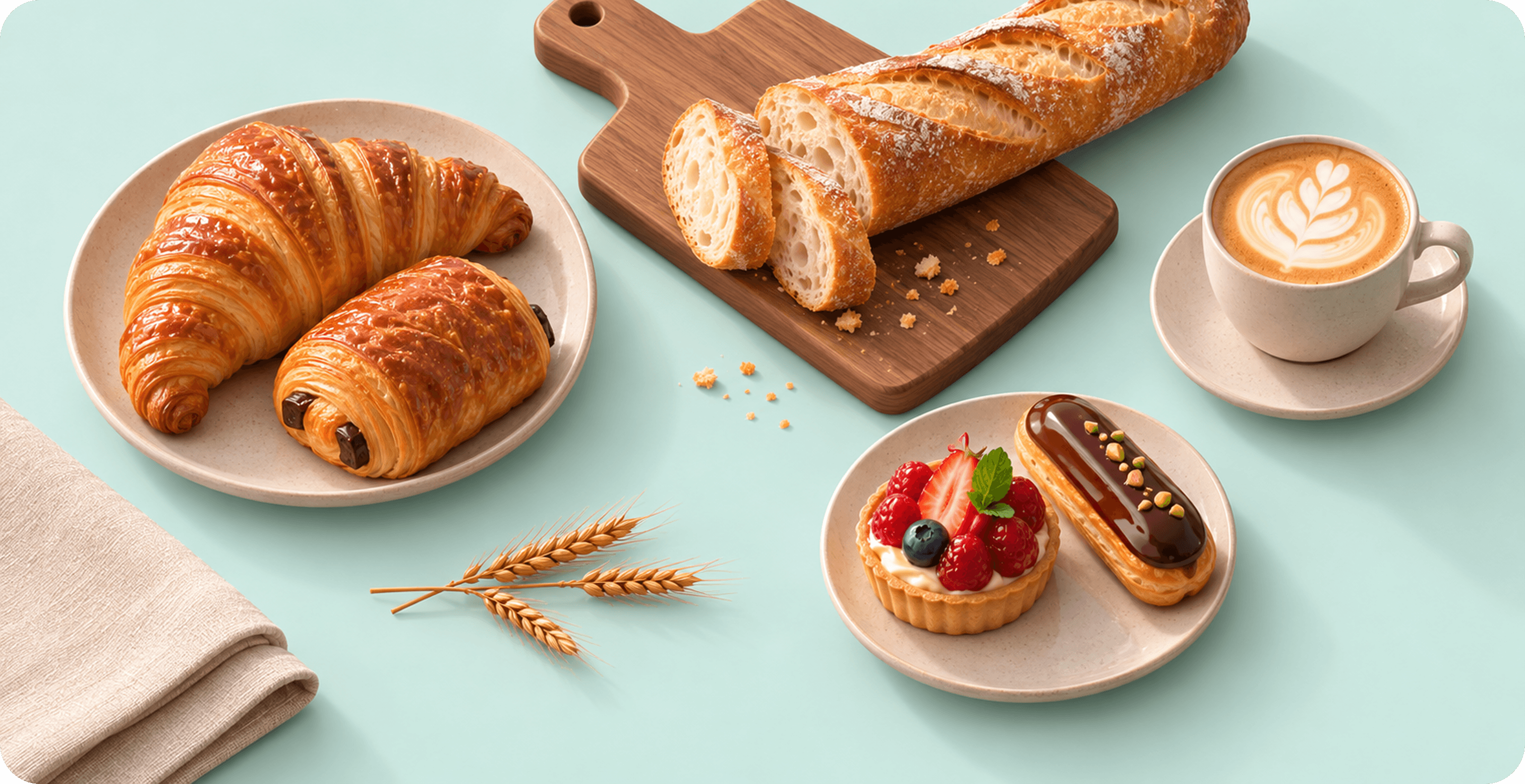 Croissants, baguette et pâtisseries de boulangerie