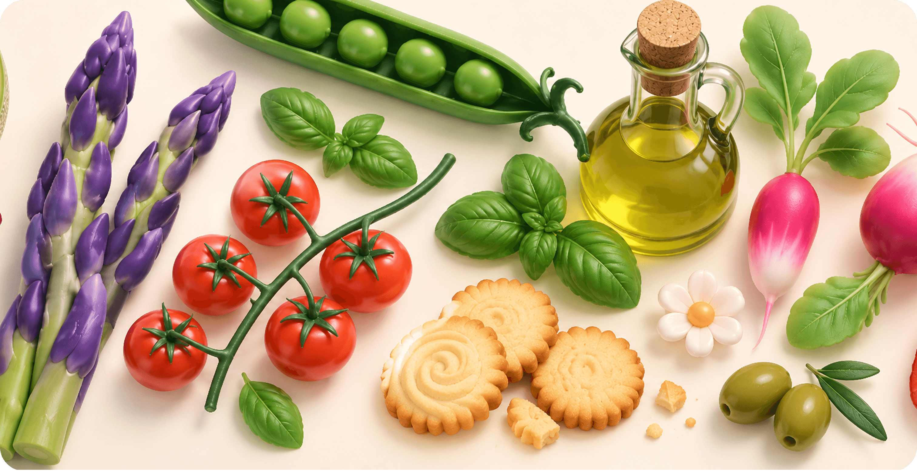 Légumes frais, herbes et huile d’olive d’épicerie