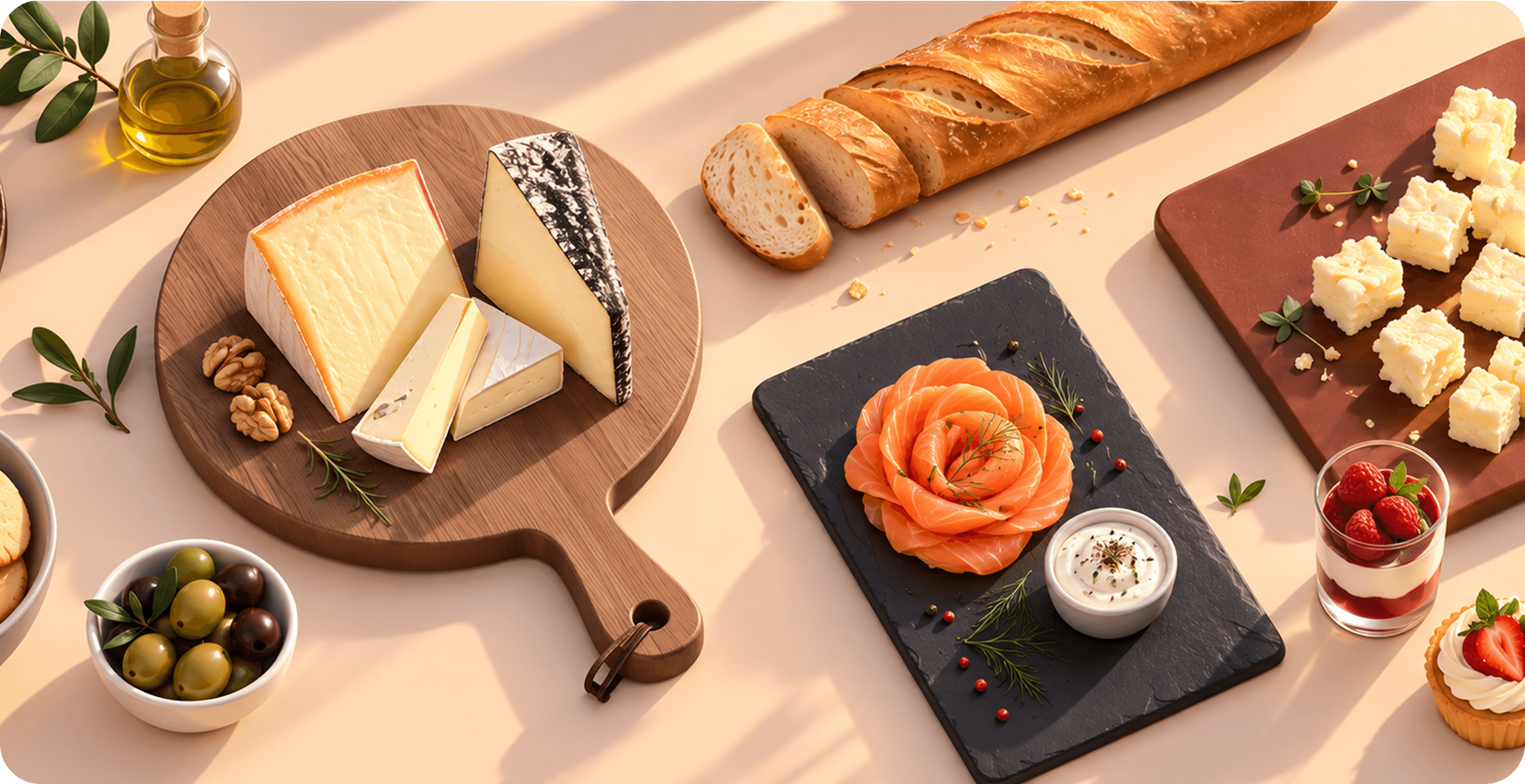 Assortiment de fromages, pain et produits traiteur