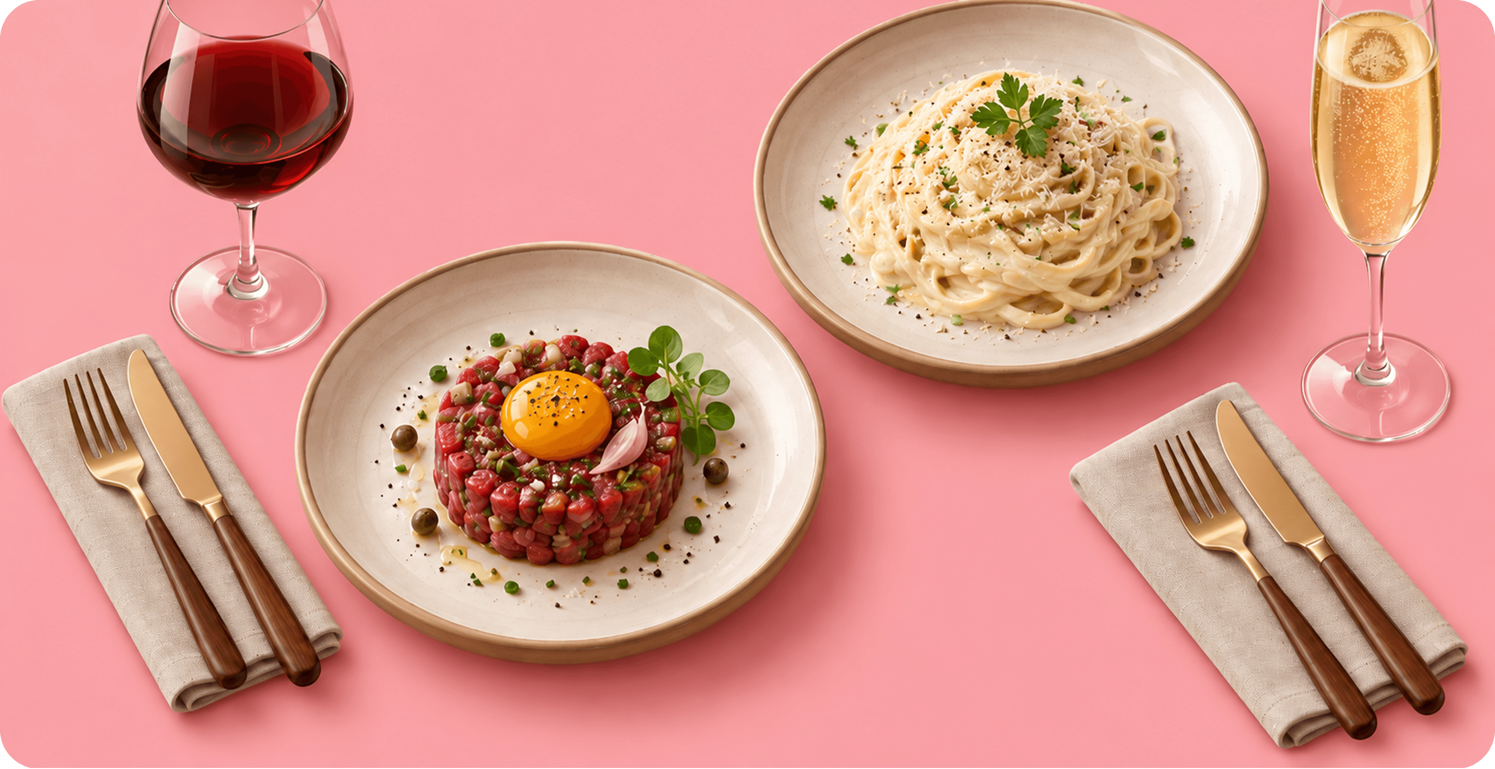Plats de restaurant, tartare et pâtes accompagnés de vin