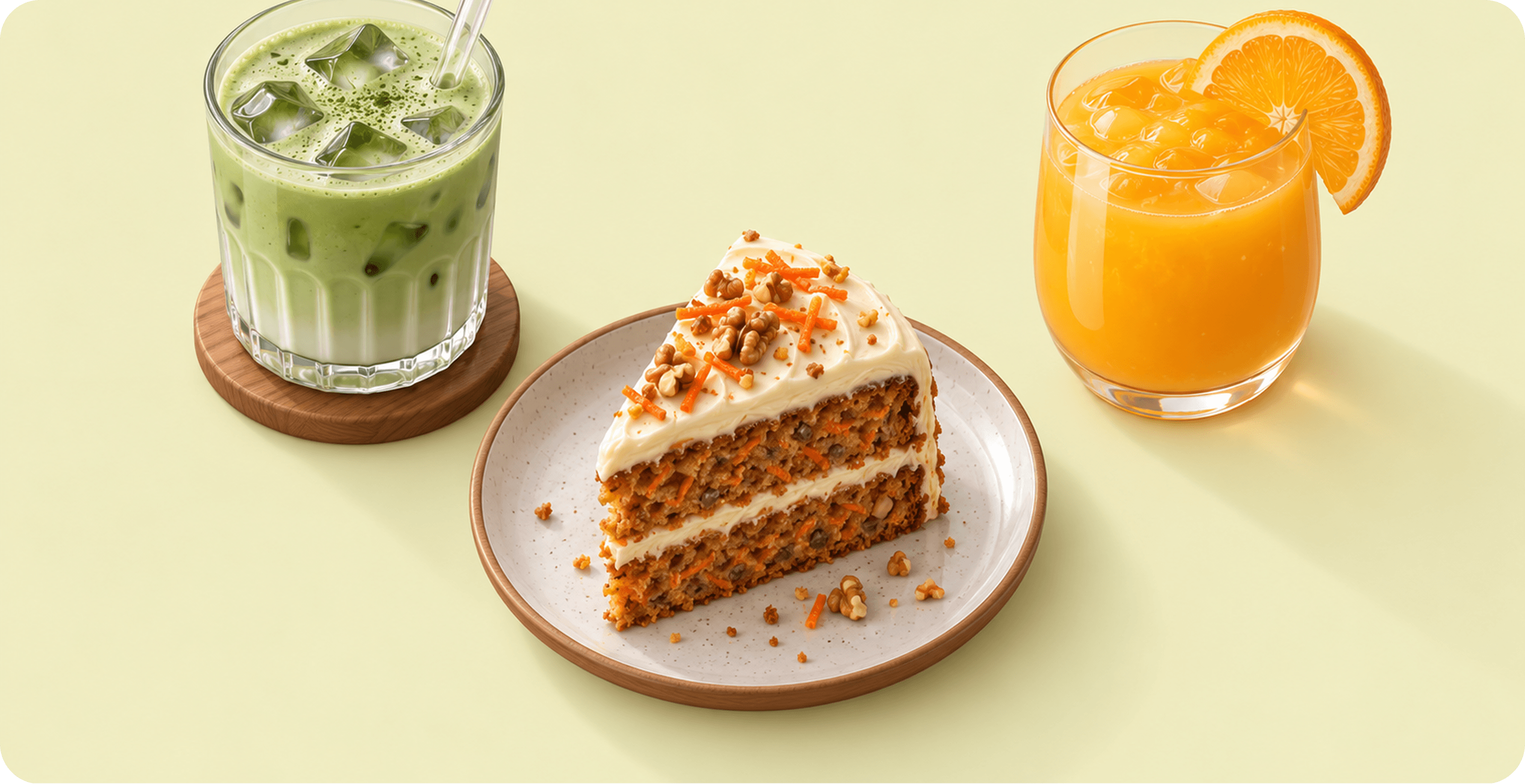Boissons fraîches et part de gâteau dans un salon de thé