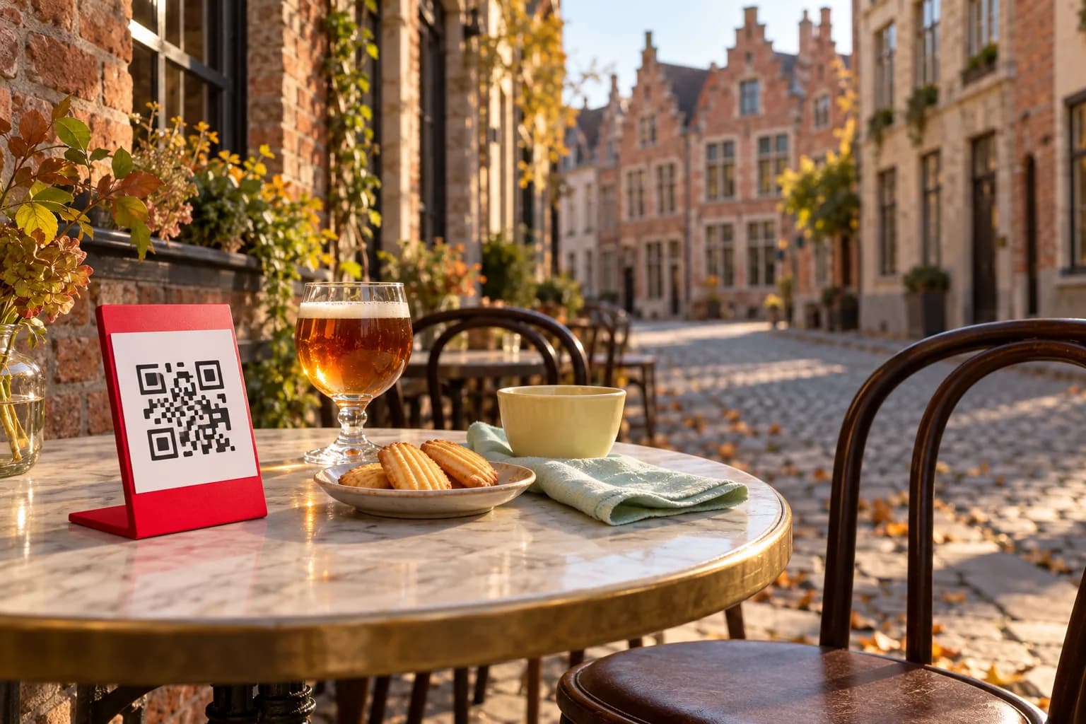 Round terrace table in a cobbled Antwerp street in autumn, with a red QR code stand, a plate of golden biscuits and a stemmed glass of amber beer