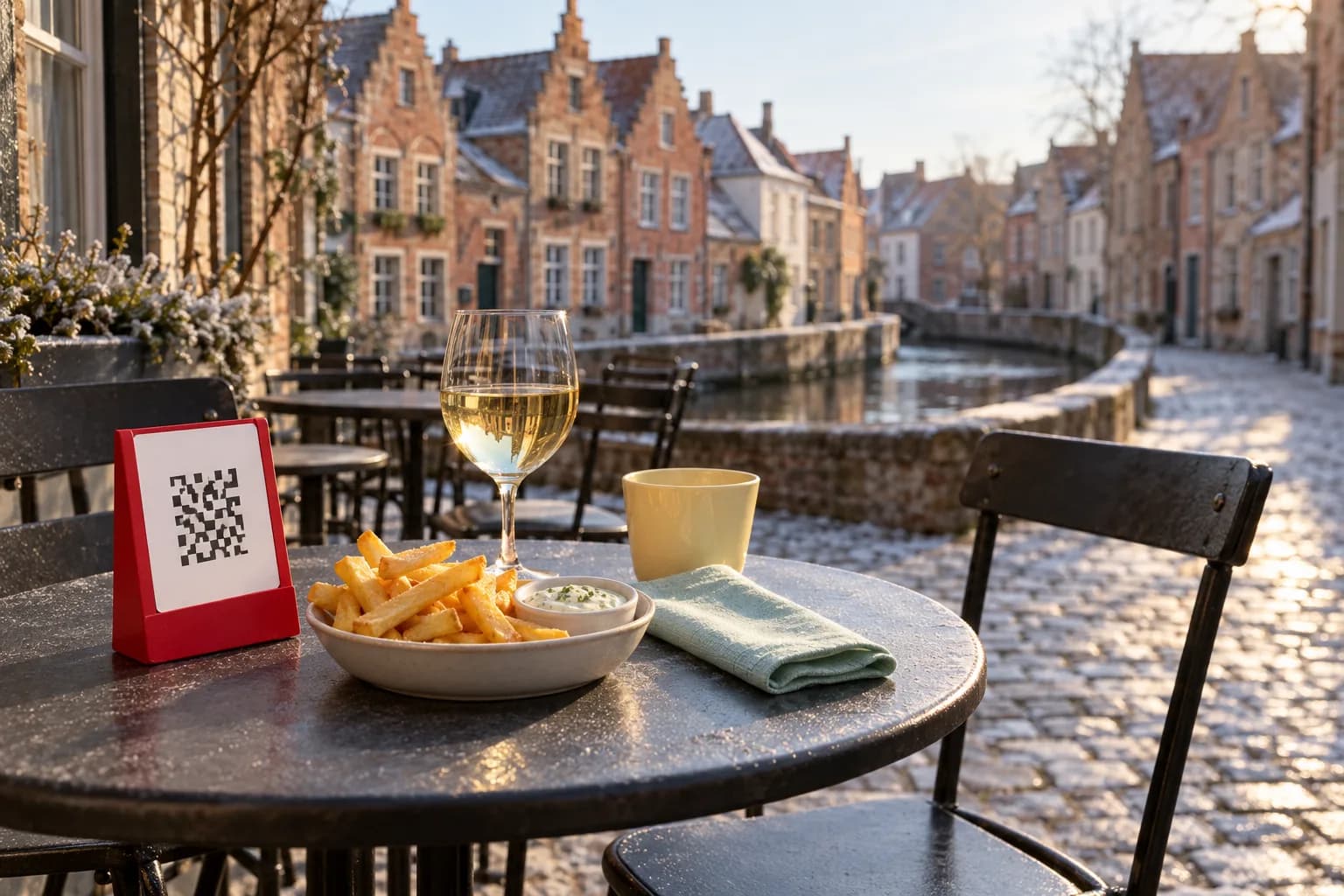 Table de terrasse d’hiver dans une rue pavée de Bruges, au bord d’un canal, avec un présentoir de table rouge portant un QR code, des frites, une sauce à l’estragon et un verre de vin blanc
