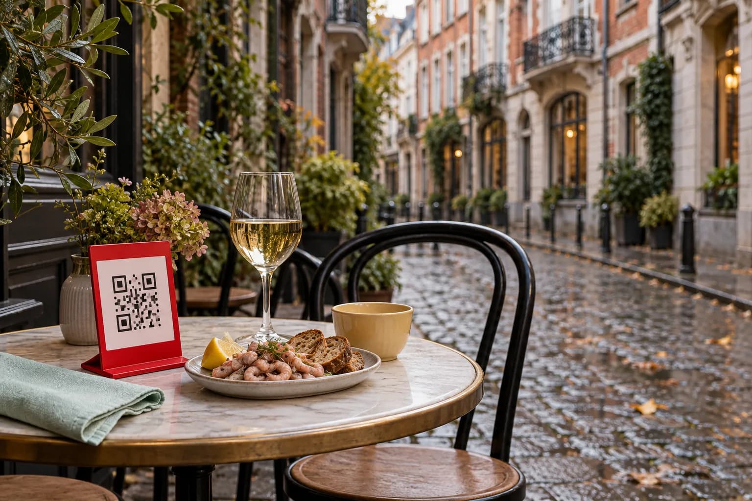 Table de café sur le trottoir d’une rue pavée et mouillée de Bruxelles, avec un chevalet de QR code rouge, des crevettes grises, du pain gris et un verre de vin blanc