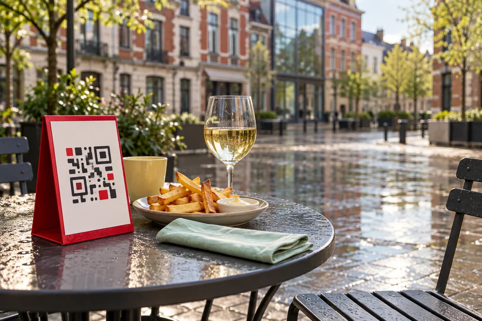 Table de terrasse sur une place pavée de Charleroi après la pluie, avec un chevalet de QR code rouge, des frites maison, de la mayonnaise et un verre de vin blanc