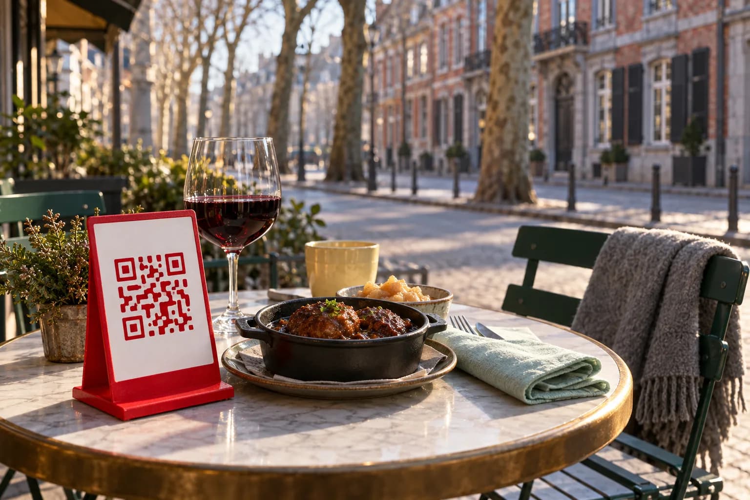 Table en terrasse le long d’un boulevard arboré de Liège, avec un chevalet de QR code rouge, des boulets dans une cocotte noire, de la compote de pommes et un verre de vin rouge