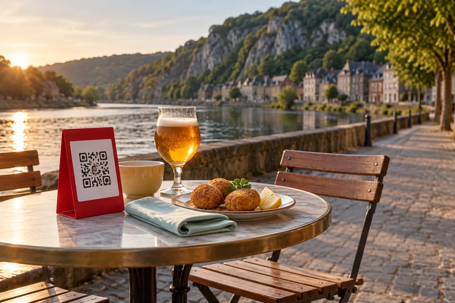 Table en terrasse au bord de la Meuse au soleil couchant, avec un chevalet de QR code rouge, des croquettes de crevettes, du citron et un verre de bière ambrée