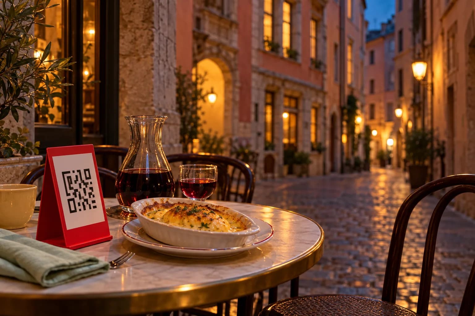Table ronde dans une ruelle pavée au crépuscule, avec un chevalet rouge de QR code, un plat de quenelle gratinée et une carafe de vin rouge, devant des façades anciennes éclairées