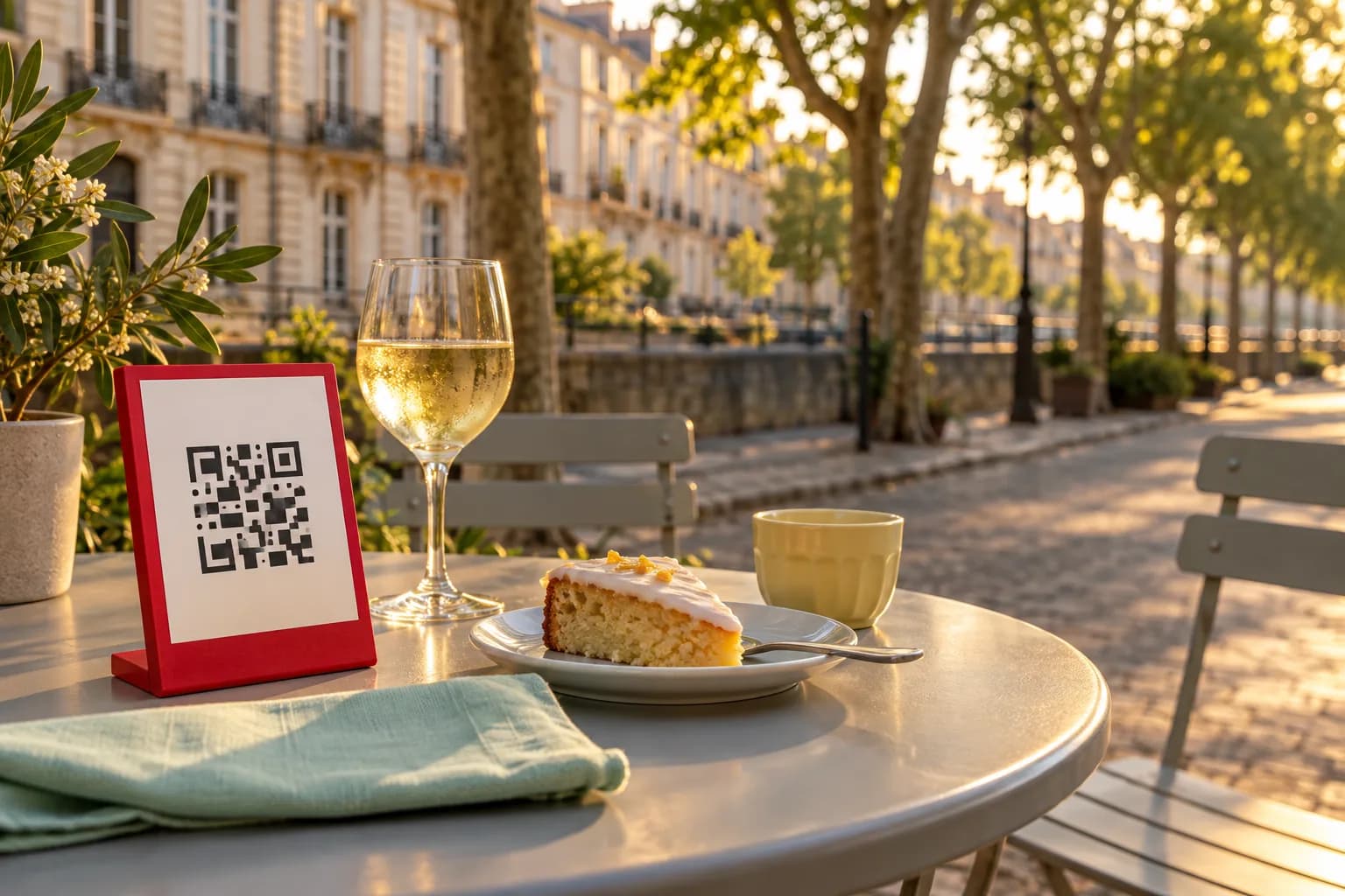Table de terrasse sur un quai bordé de platanes et de façades de pierre claire, avec un chevalet de QR code rouge, une part de gâteau nantais et un verre de muscadet