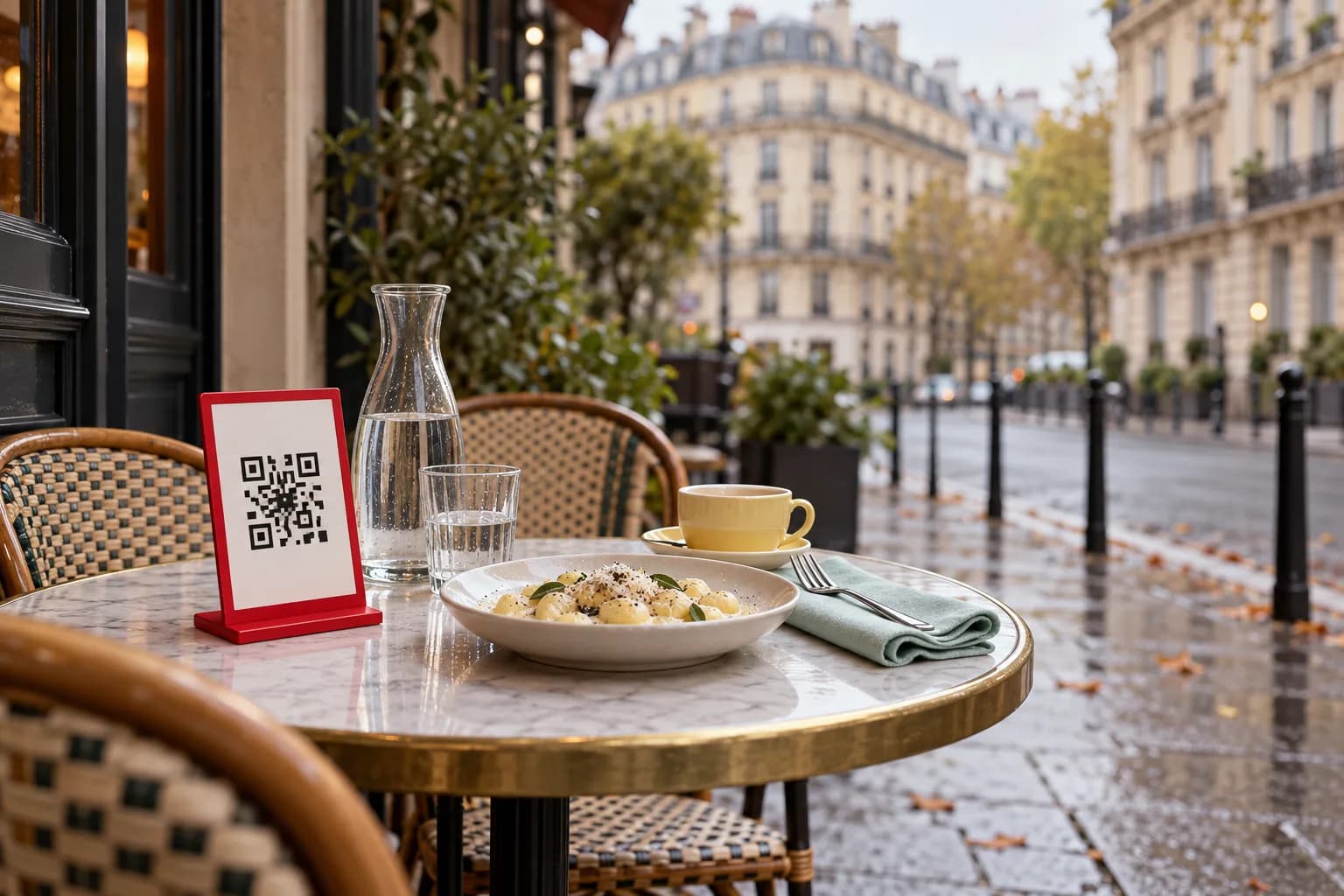 Petite table ronde sur un trottoir parisien mouillé, avec un chevalet de QR code rouge, une assiette de gnocchis et une carafe d’eau, devant des façades claires à balcons de fer forgé