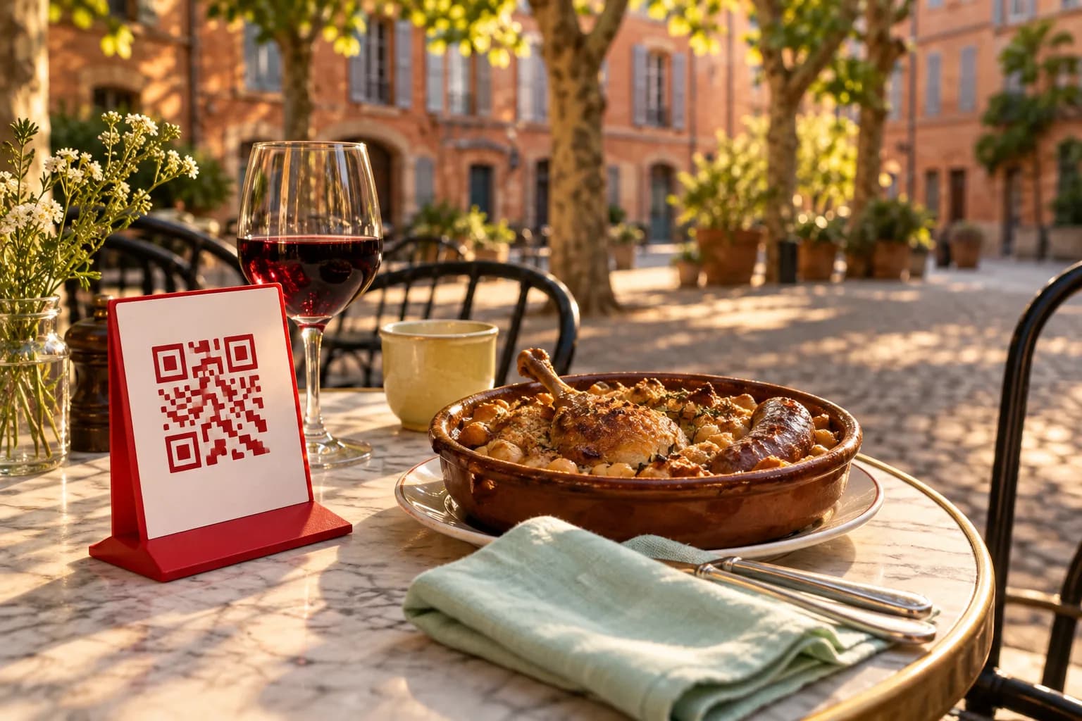 Table de terrasse sur une petite place aux façades de brique rose, avec un chevalet rouge de QR code, un cassoulet en cassole et un verre de vin rouge, dans la lumière du soir