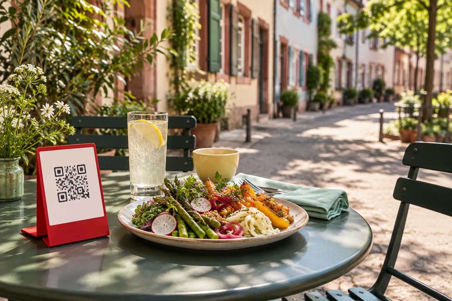 Table en terrasse dans une rue calme de Bâle un matin de printemps, avec un chevalet de QR code rouge, une assiette de légumes de saison et une limonade maison