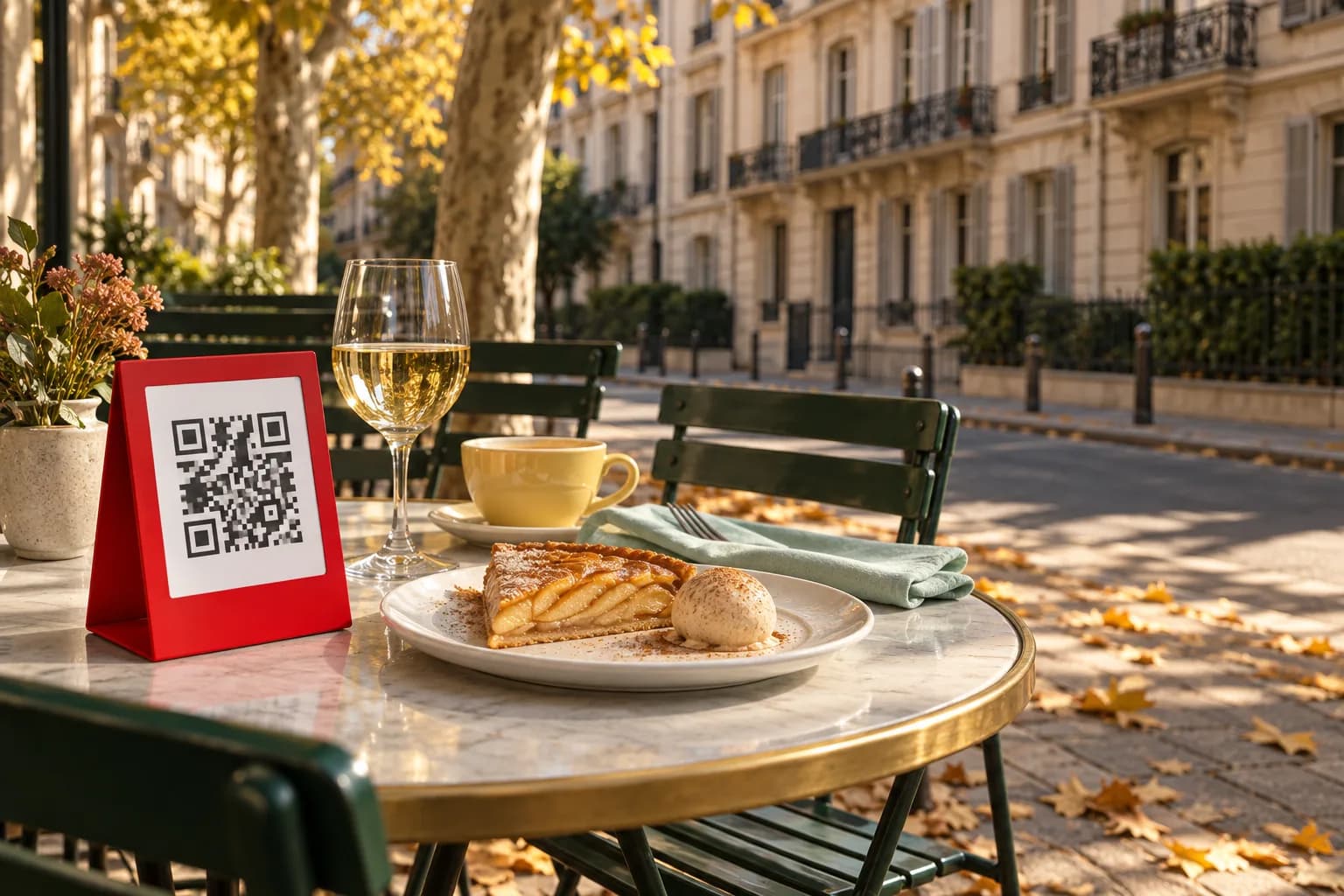 Table de café sur le trottoir d’une rue résidentielle de Genève en automne, avec un chevalet de QR code rouge, une part de tarte fine aux pommes et sa boule de glace, et un verre de vin blanc