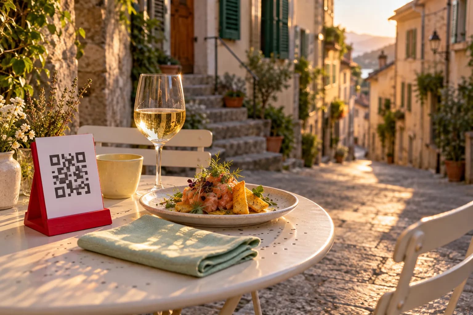 Table en terrasse dans une rue piétonne en pente de Lausanne un soir d’été, avec un chevalet de QR code rouge, un tartare de truite sur chips de polenta et un verre de vin blanc, le lac au loin