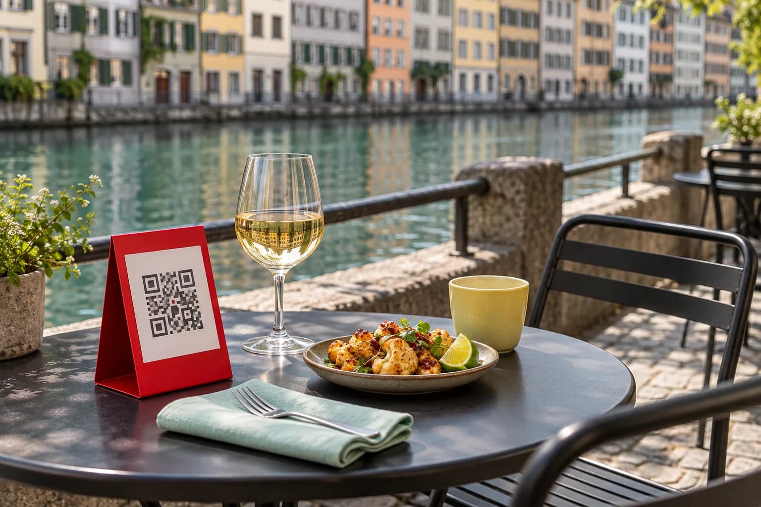 Table ronde sur un quai au bord d’une rivière à Lucerne, un matin de printemps, avec un chevalet de QR code rouge, des bouchées de chou-fleur rôti au piment et au citron vert et un verre de vin blanc