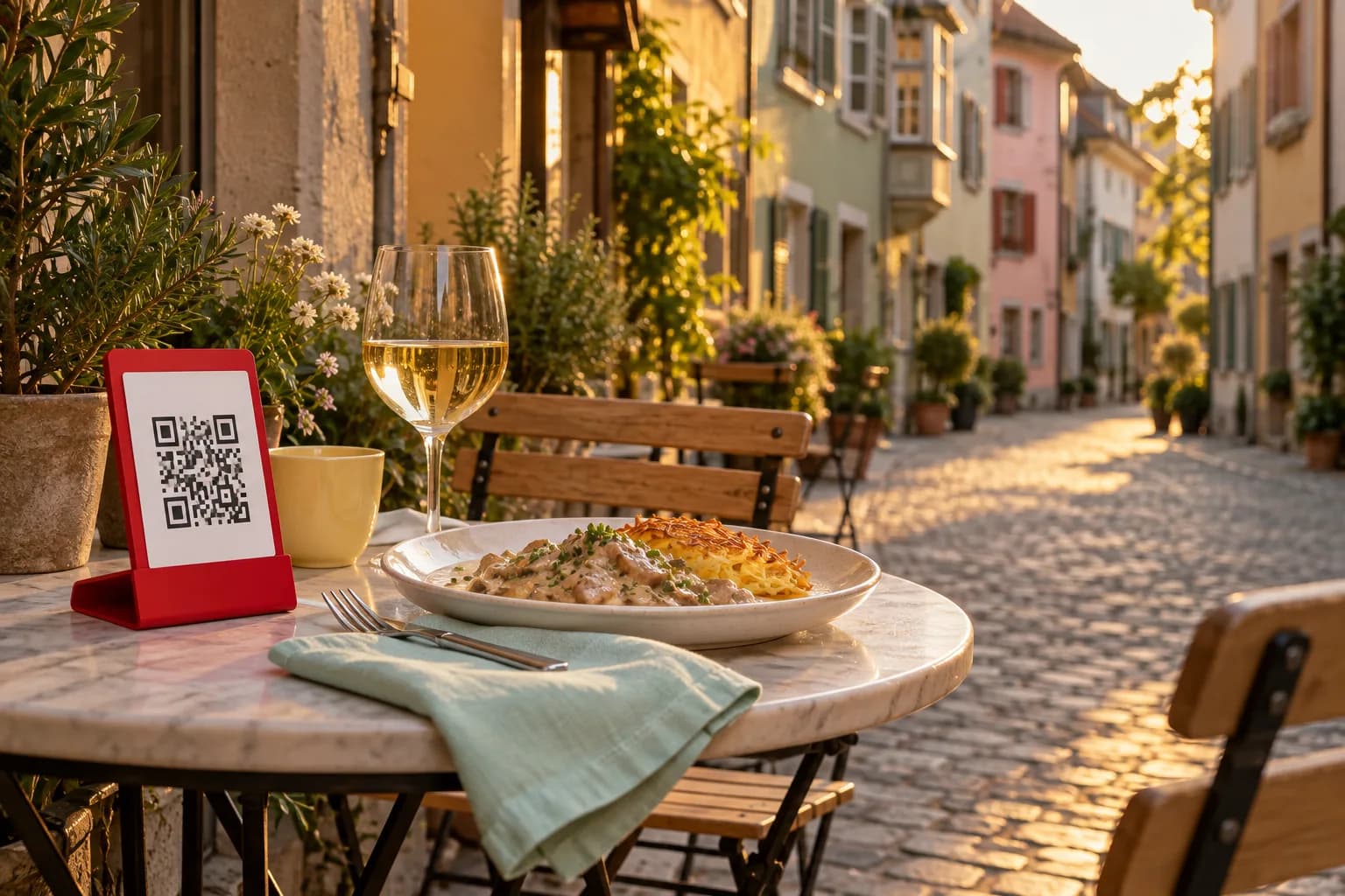 Table ronde sur une terrasse pavée de la vieille ville de Winterthour, un soir d’été, avec un chevalet de QR code rouge, un émincé de veau à la crème avec rösti et un verre de vin blanc