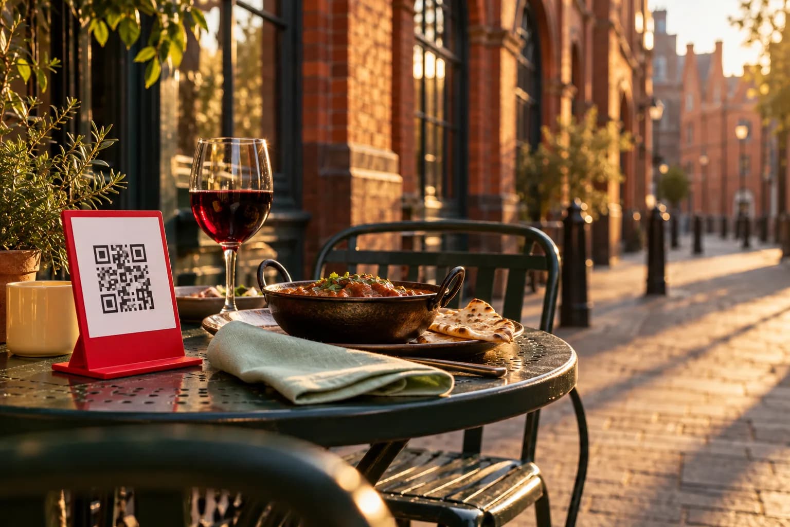 Café table on the pavement of a red-brick Victorian street in Birmingham at sunset, with a red QR code stand, a balti in a steel bowl with naan and a glass of red wine