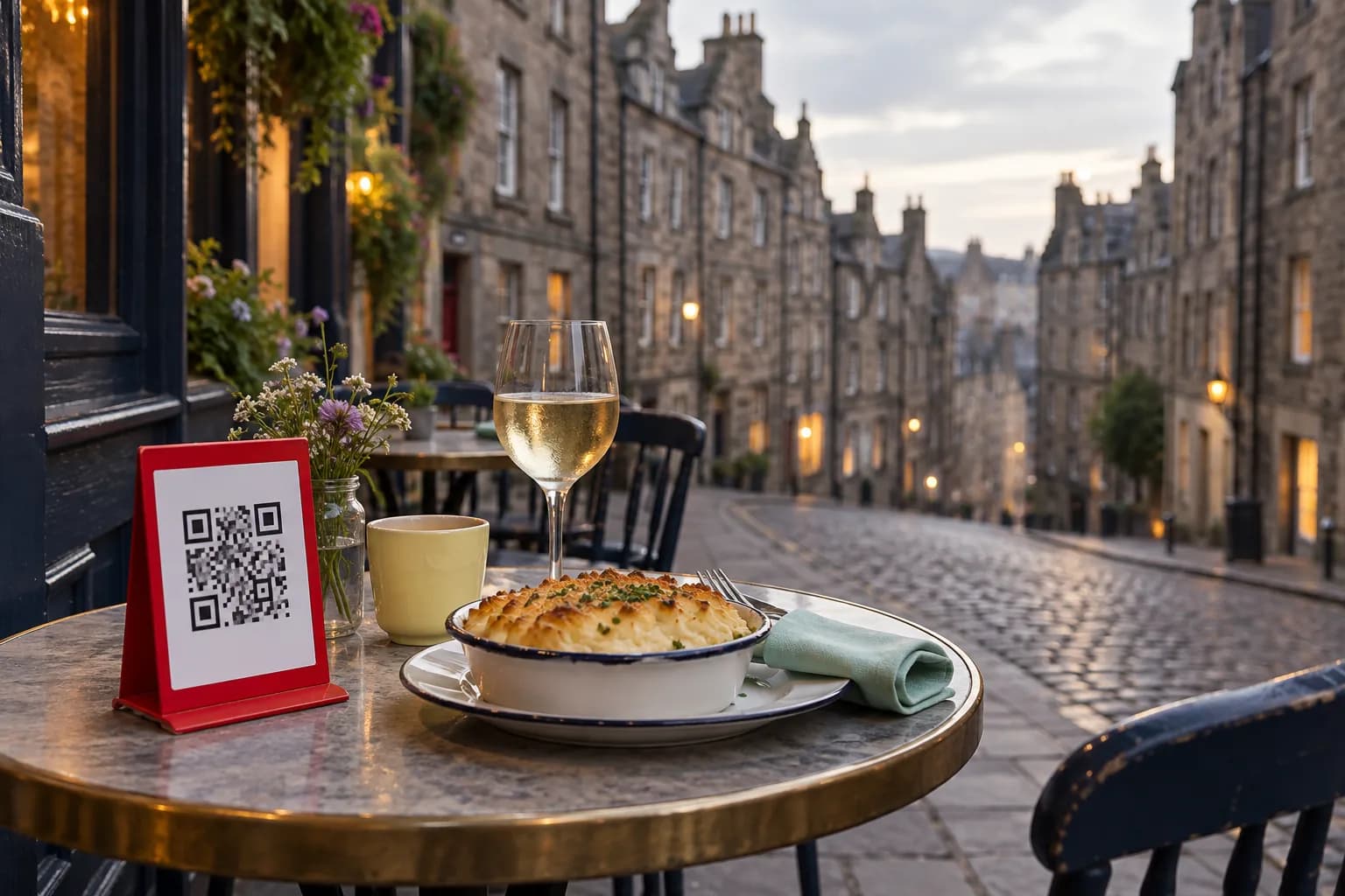Café table on a sloping cobbled Old Town street lined with tall stone tenements, with a red QR code stand, a small fish pie and a glass of white wine