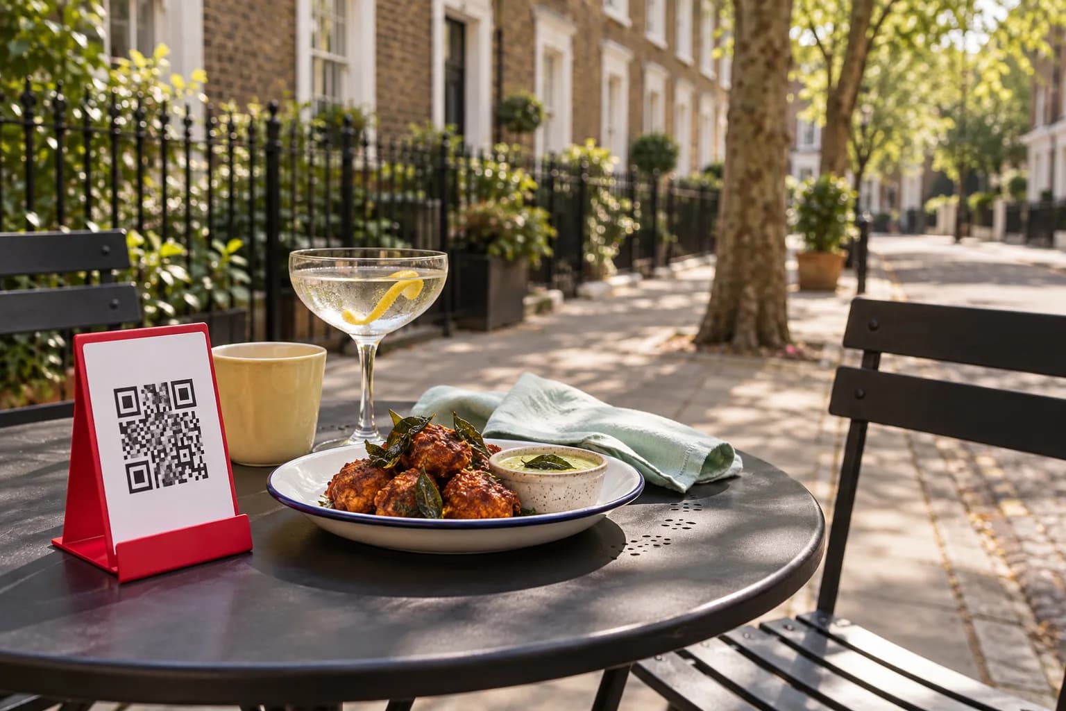 Café table on a London pavement beside Georgian brick houses and black railings, with a red QR code stand, Keralan fried chicken with curry-leaf mayonnaise and a martini