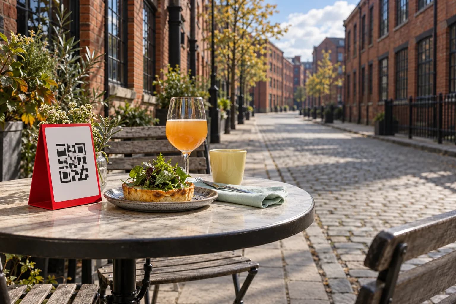 Café table on an empty cobbled Ancoats street lined with red-brick mill buildings, with a red QR code stand, a cheddar tart topped with mustard leaves and a glass of orange natural wine