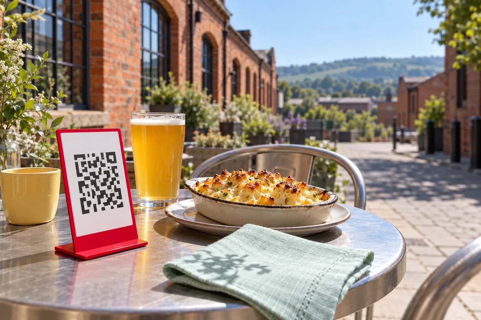 Steel café table outside red-brick works buildings in Kelham Island, with a red QR code stand, a dish of cauliflower cheese and a pint of pale ale, green hills in the distance