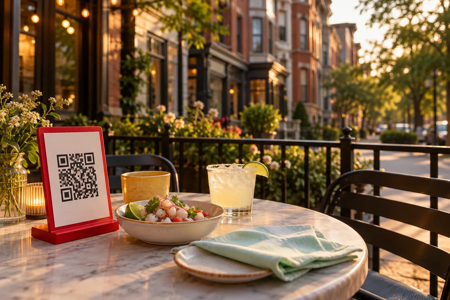 Café table inside a railed sidewalk café on a Chicago street of brick walk-ups at golden hour, with a red QR code stand, a bowl of albacore ceviche and a margarita