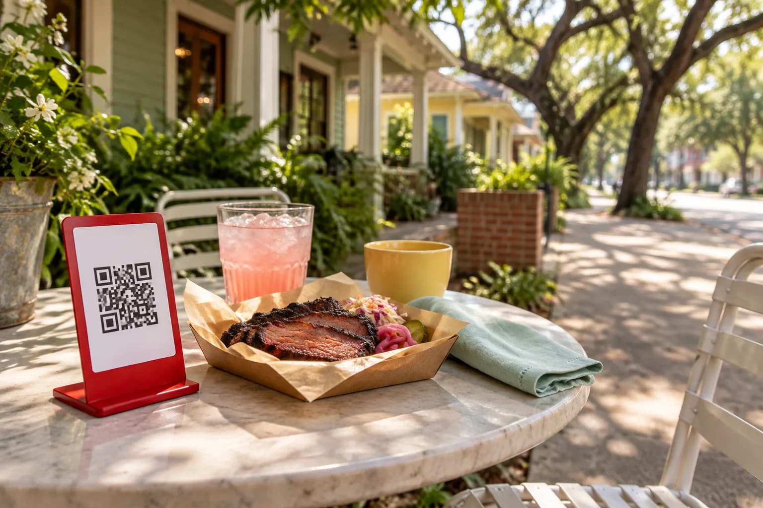Café table on the shaded patio of a Houston bungalow under live oaks, with a red QR code stand, sliced smoked brisket and a pink agua fresca