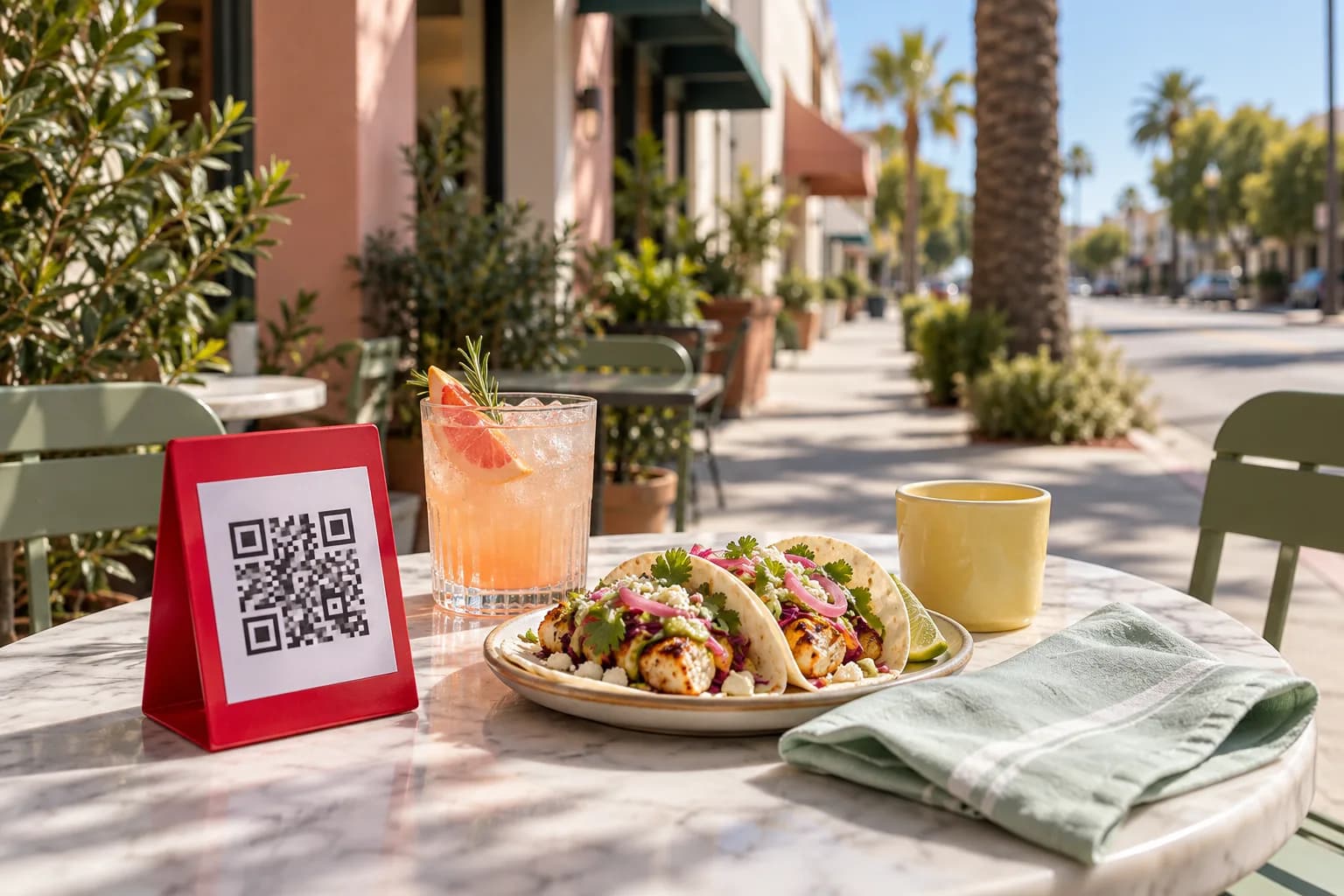 Café table in a sunny Los Angeles sidewalk dining area with pastel stucco storefronts and palm trees, a red QR code stand, soft tacos and a spirit-free citrus drink