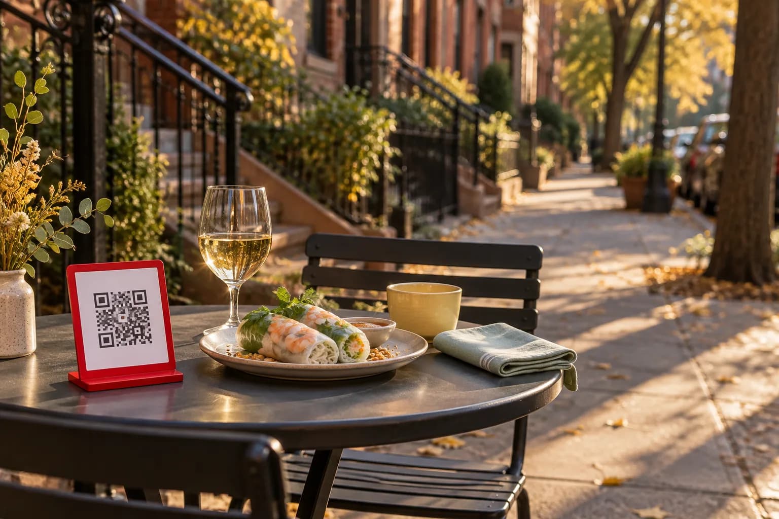 Café table on a New York sidewalk lined with brownstone stoops on an autumn morning, with a red QR code stand, Vietnamese summer rolls and a glass of white wine