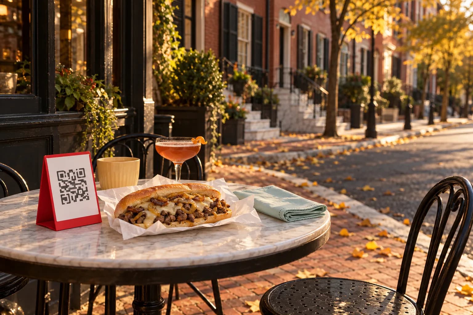 Marble café table on the brick sidewalk of a Philadelphia rowhouse street in autumn, with a red QR code stand, a cheesesteak on deli paper and a cocktail in a coupe glass
