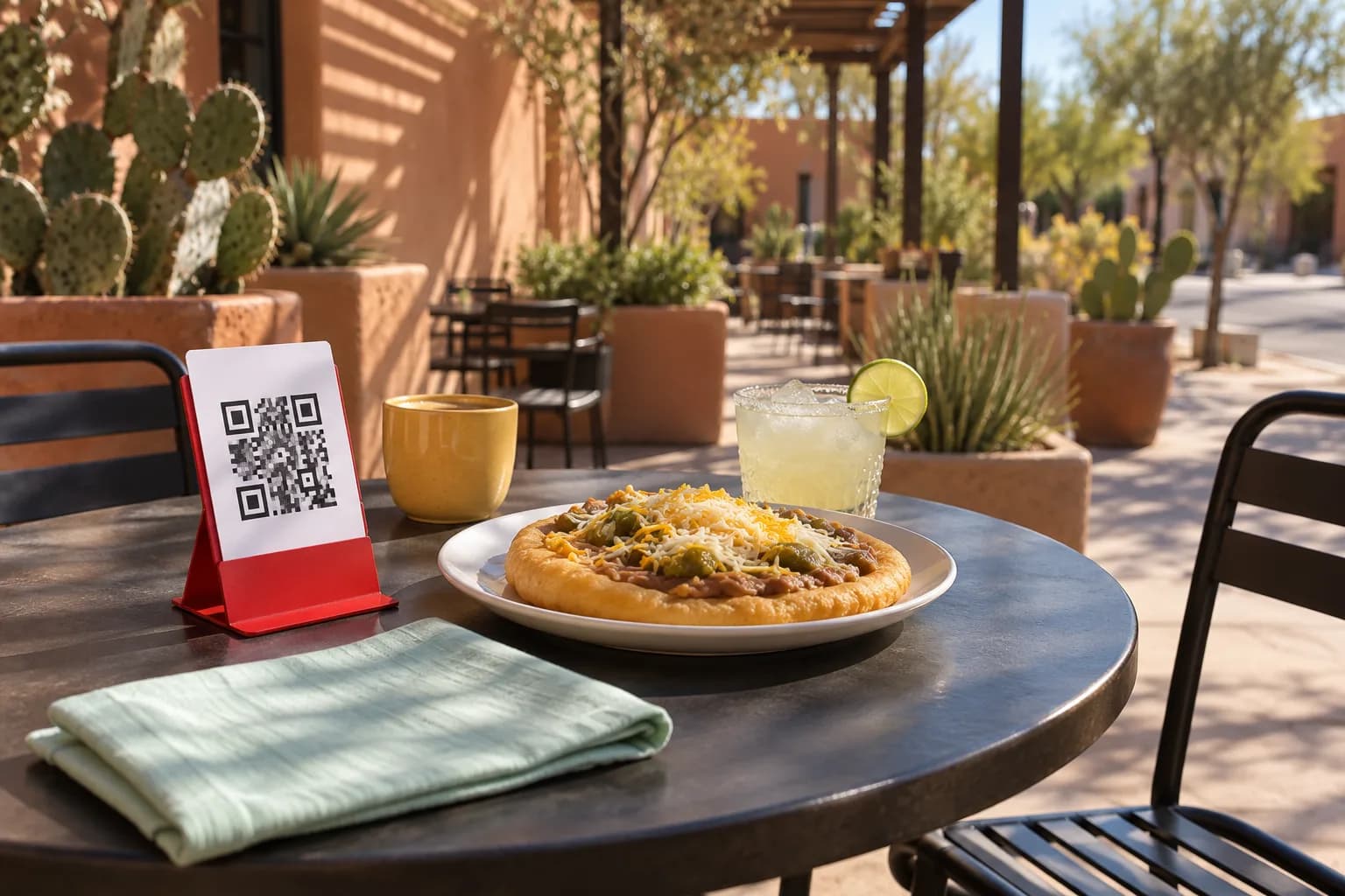 Café table on a sunny Phoenix patio with a red QR code stand, fry bread topped with beans and green chiles, an agave cocktail and prickly pear in terracotta planters