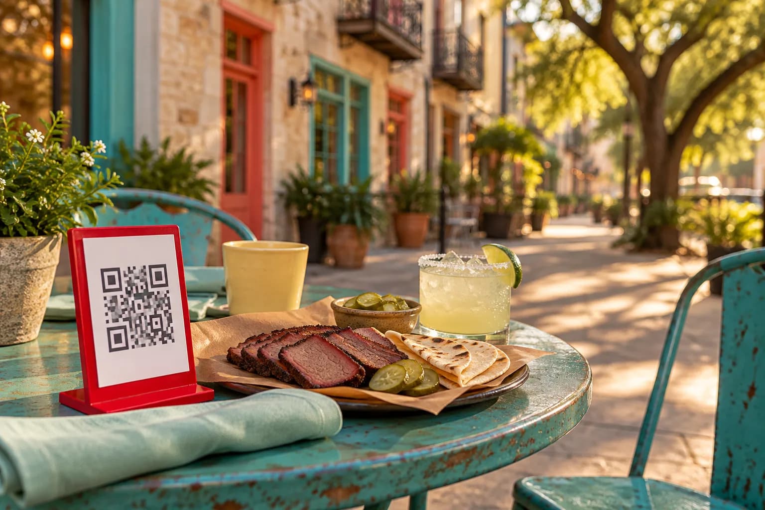 Turquoise café table on a downtown San Antonio sidewalk with a red QR code stand, sliced brisket on butcher paper with pickles and flour tortillas, and a margarita with a salted rim