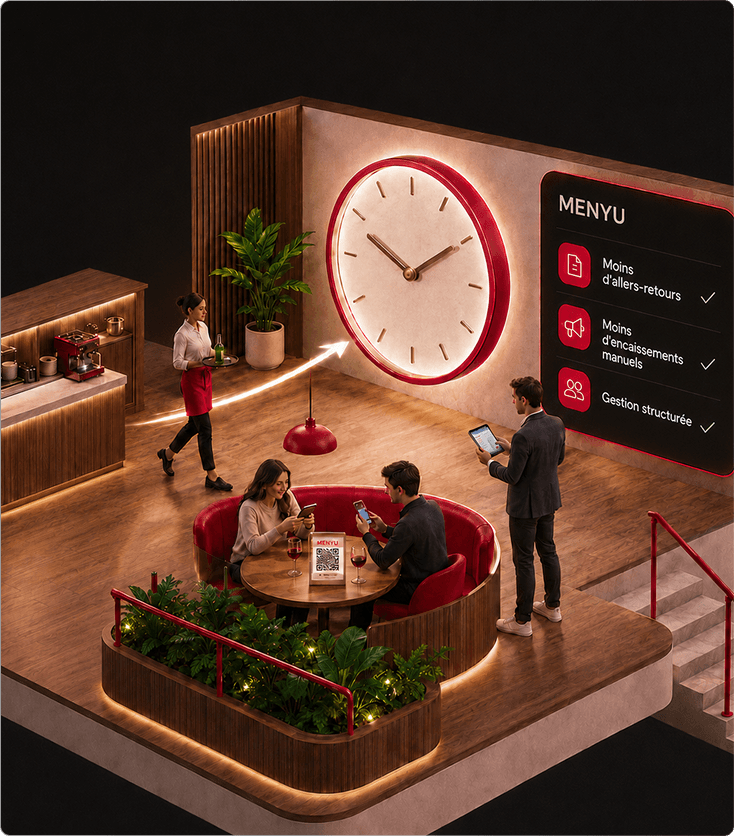 Scène Menyu illustrant le gain de temps en service
