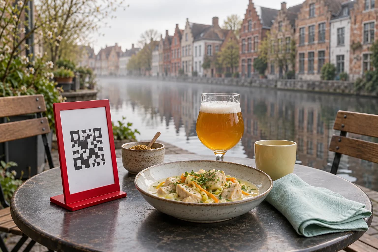 Table en terrasse au bord d’un canal de Gand, un matin brumeux, avec un chevalet de QR code rouge, un bol de waterzooi, un pot de moutarde et un verre de bière ambrée