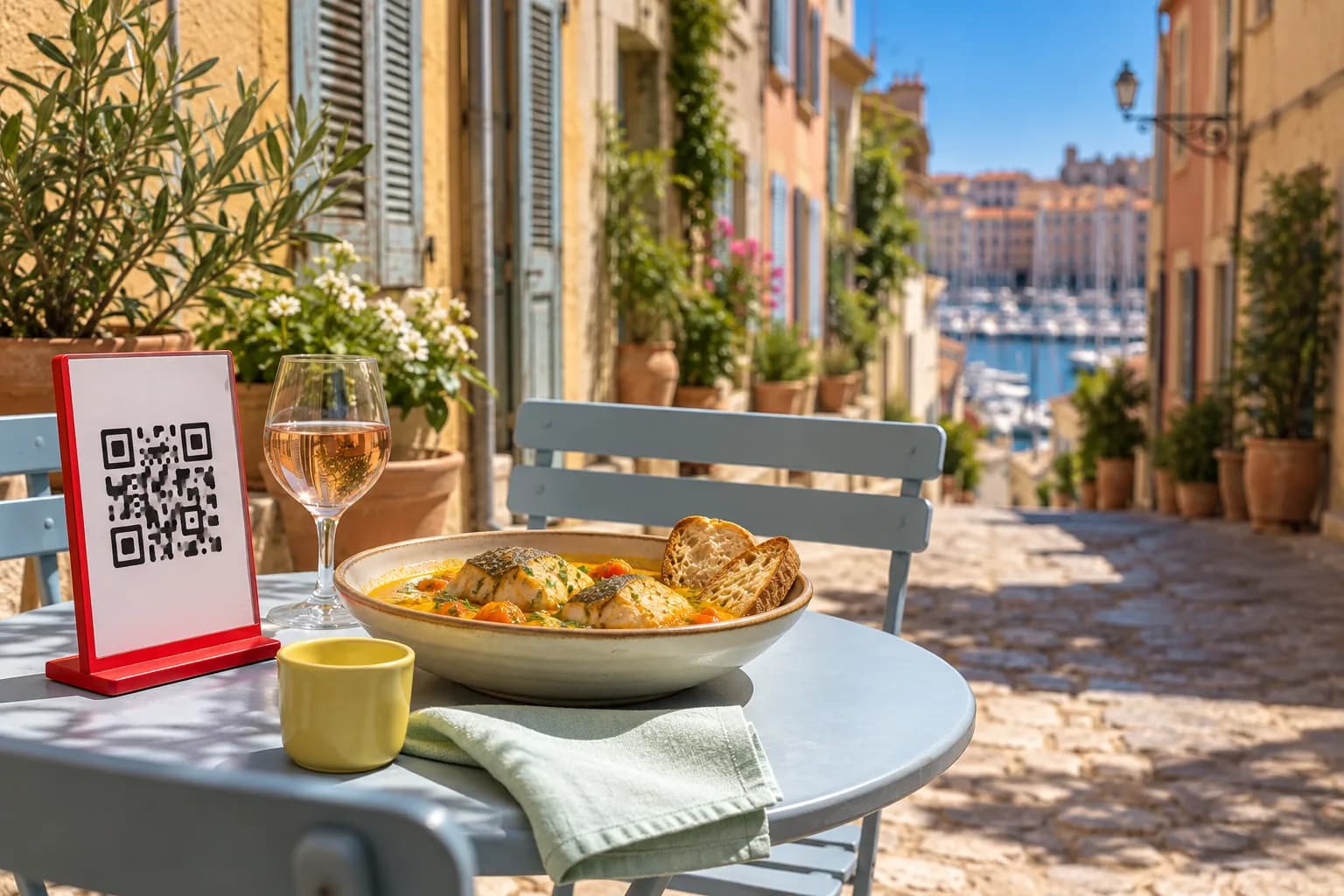 Table de terrasse dans une ruelle en pente aux façades ocre, avec un chevalet rouge de QR code, un bol de bouillabaisse et un verre de rosé ; au loin, un port flou