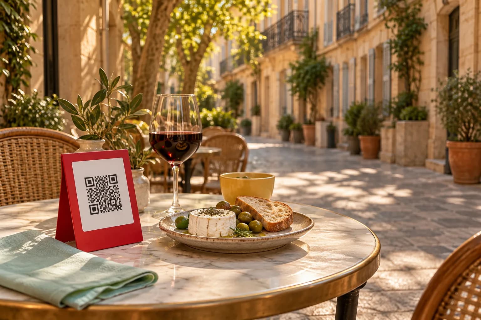 Table en terrasse dans une rue piétonne aux façades de pierre claire, avec un chevalet de QR code rouge, du pélardon, des olives et un verre de vin rouge