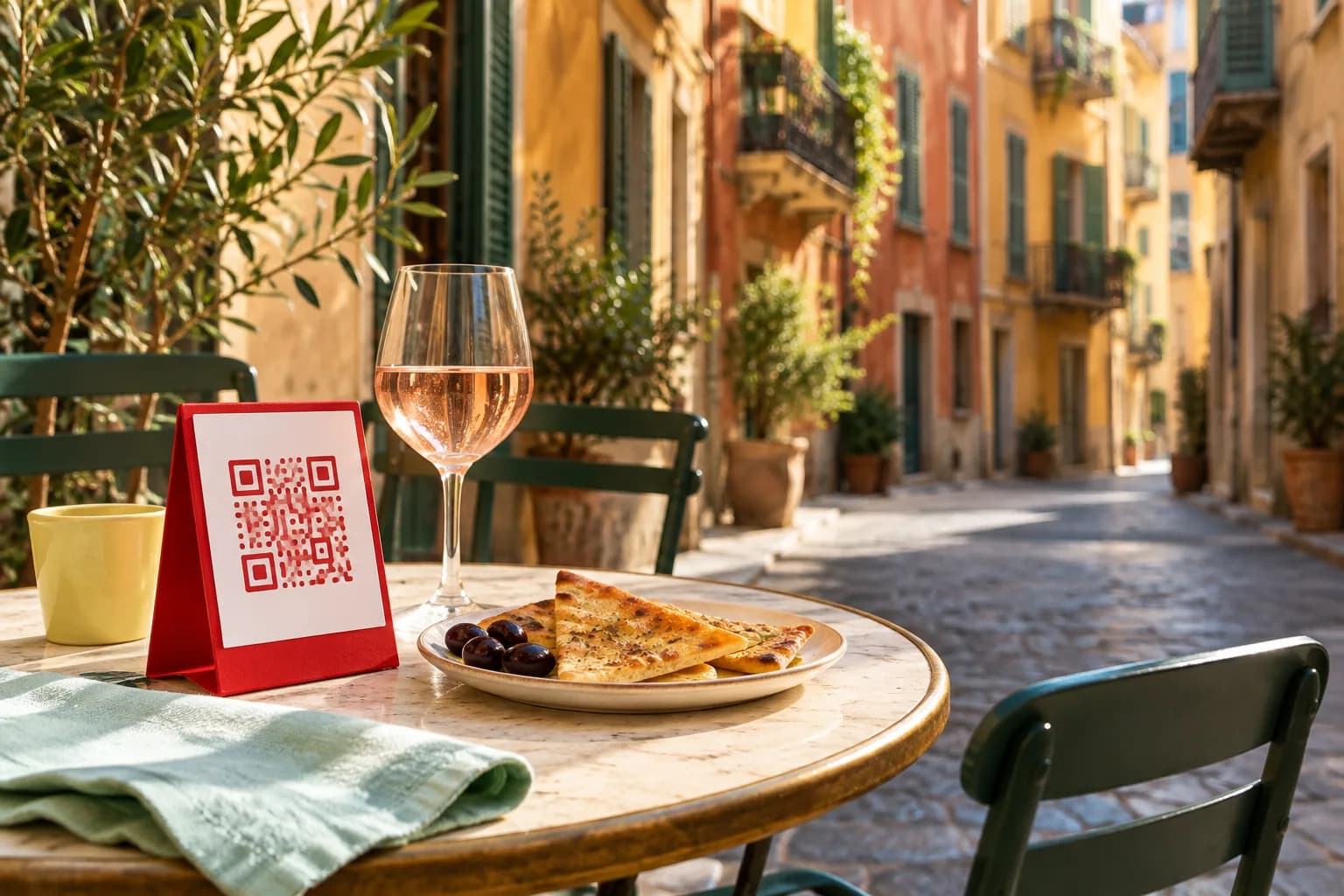 Table ronde en terrasse dans une ruelle aux façades ocre et rouges à volets verts, avec un chevalet de QR code rouge, des parts de socca, des olives noires et un verre de rosé