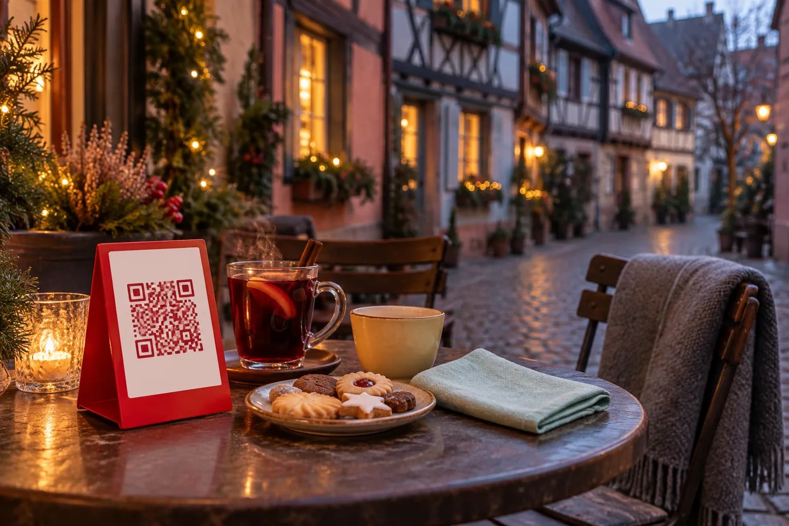 Table en terrasse au crépuscule devant des maisons à colombages décorées pour Noël, avec un chevalet de QR code rouge, des bredle et un verre de vin chaud