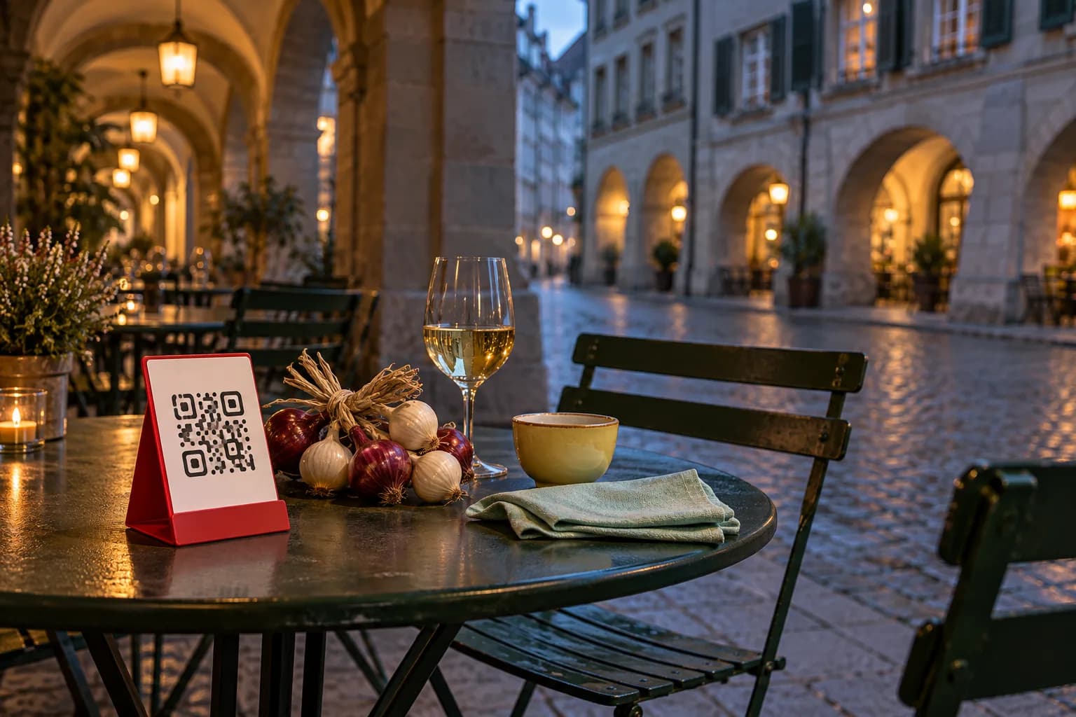 Table ronde sous les arcades de grès d’une rue de la vieille ville de Berne, au crépuscule, avec un chevalet de QR code rouge, une tresse d’oignons rouges et blancs et un verre de vin blanc