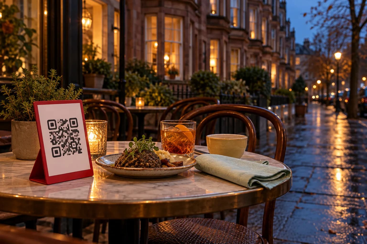 Café table on a wet Glasgow pavement at dusk, in front of red sandstone tenements, with a red QR code stand, a plate of haggis and an amber cocktail