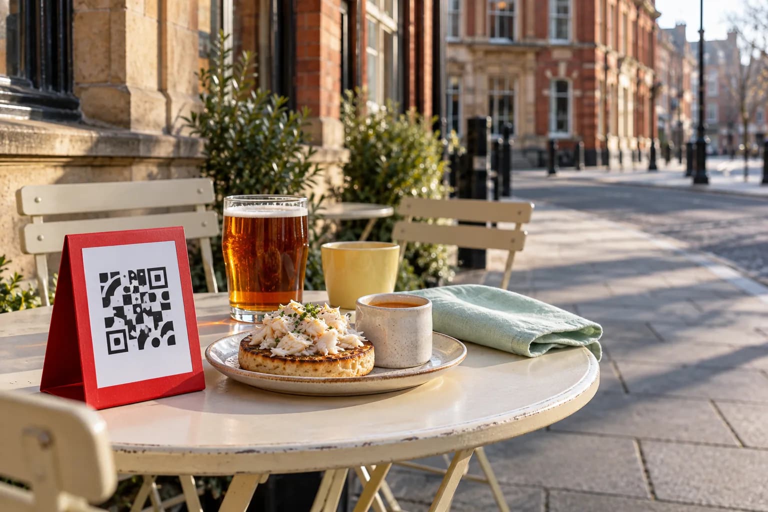 Café table on a sunny winter pavement in Leeds between red-brick and sandstone buildings, with a red QR code stand, a crab crumpet with bisque and a pint of ale